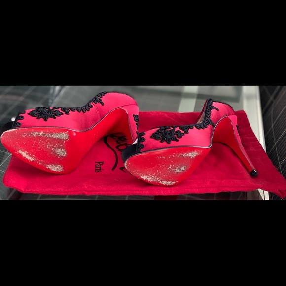 Christian Louboutin Red/Black Satin Heels - Picture 10 of 13